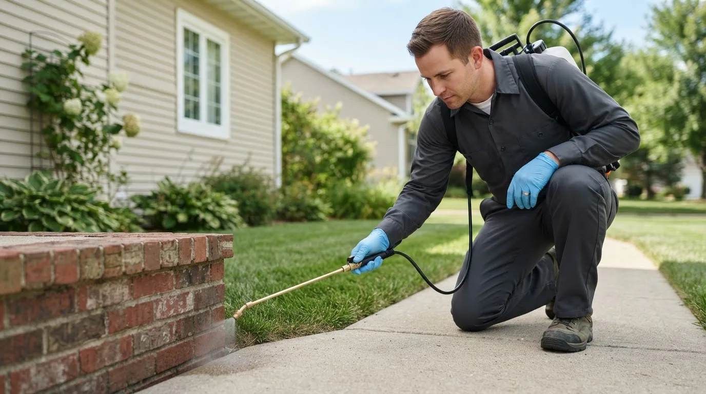 Pest control technician treating a home near Staunton, IL