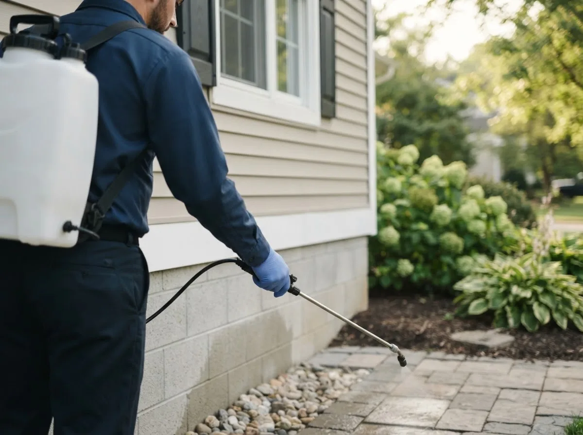 Pest control technician inspecting a home in Staunton, IL